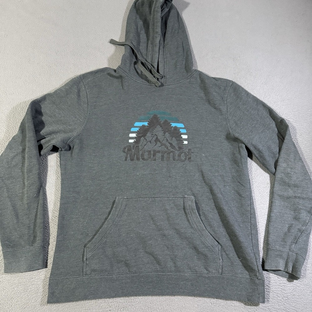 Marmot Hoodie Mens Large Gray‎ Mountain Graphic Logo Pullover Sweatshirt Outdoor